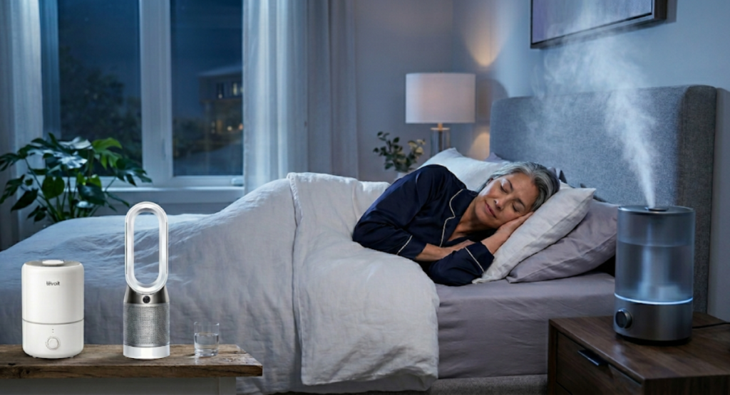 Best room humidifiers for menopause night sweats displayed in a modern bedroom with cool mist and a woman sleeping comfortably.