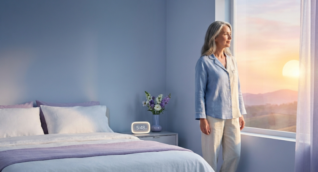 Middle-aged woman standing by a bedroom window at sunrise with clock and circadian rhythm graphics representing menopause and sleep cycle science.