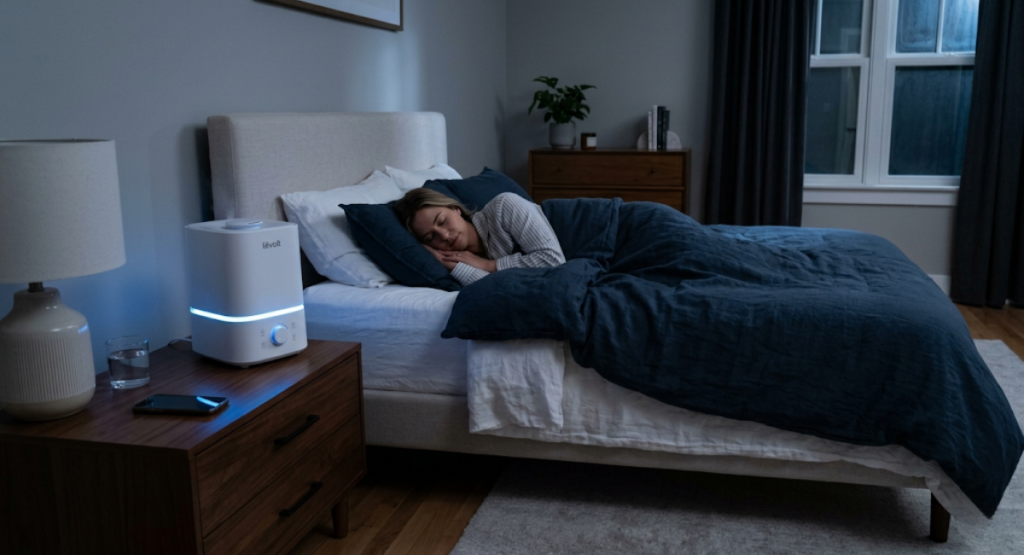 Cool mist humidifier on nightstand beside bed for menopause night sweats and dry skin relief