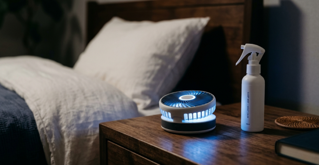 Small bedside fan and cooling body spray on nightstand for menopause hot flash relief