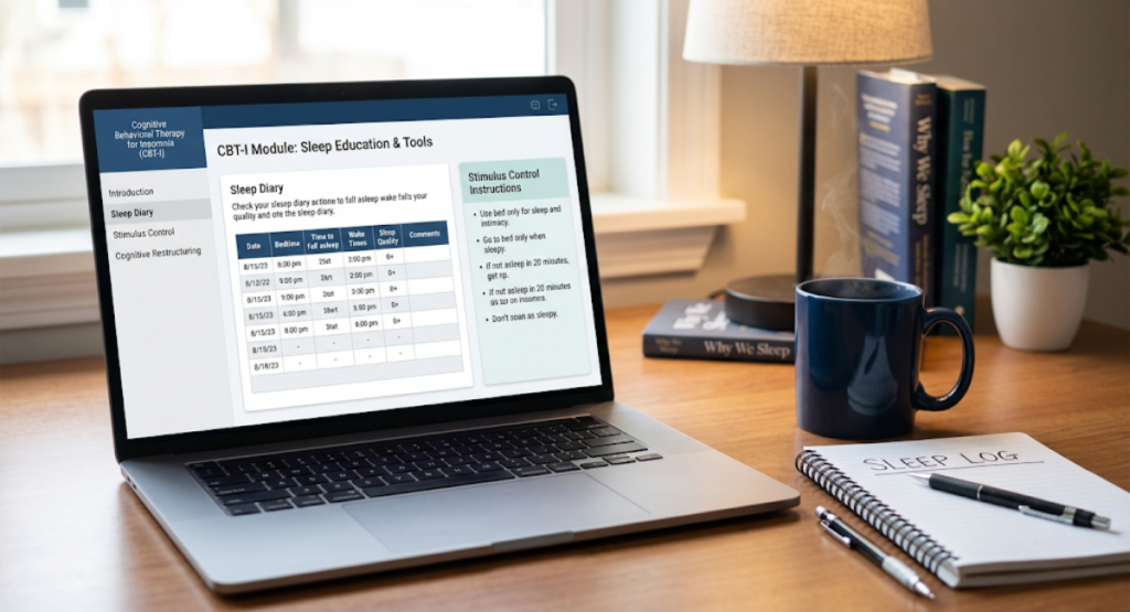 Cognitive behavioral therapy for insomnia CBT-I session on laptop screen for menopause sleep