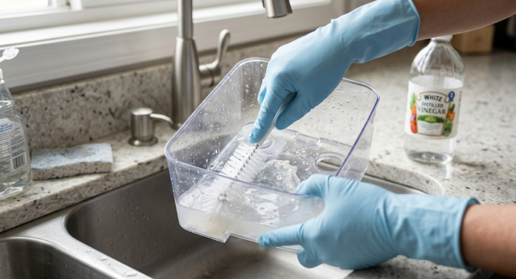 Woman cleaning a humidifier tank with white vinegar solution for mold-free maintenance