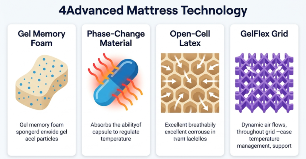 Infographic comparing gel PCM latex and GelFlex grid cooling technologies for night sweats