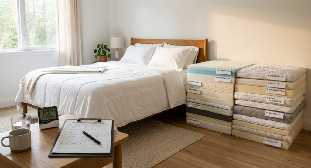 Testing 12 cooling mattress toppers for night sweats with thermometer and clipboard on bed