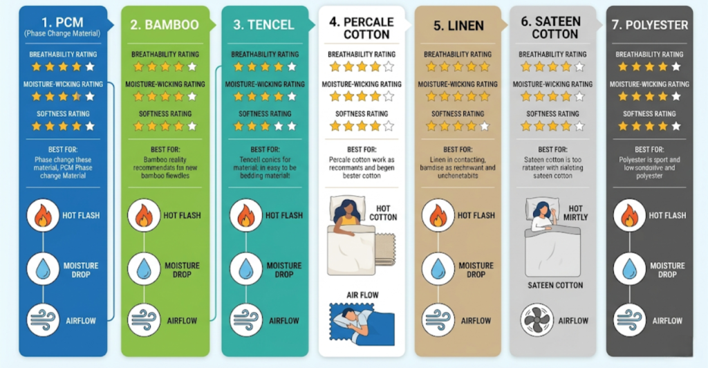 Infographic comparing PCM, bamboo, TENCEL, percale cotton, linen, sateen, and polyester for menopause night sweats