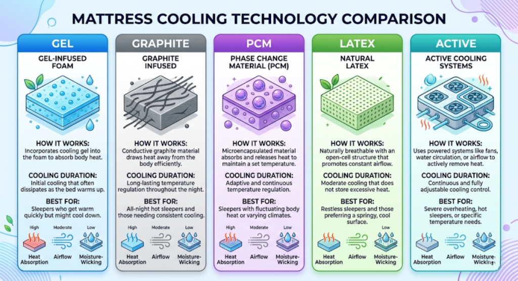 Infographic comparing gel, graphite, PCM, latex, and active cooling for mattress toppers