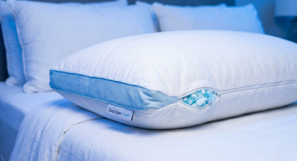 Coop Sleep Goods Eden Cool+ adjustable cooling pillow for night sweats on a bed