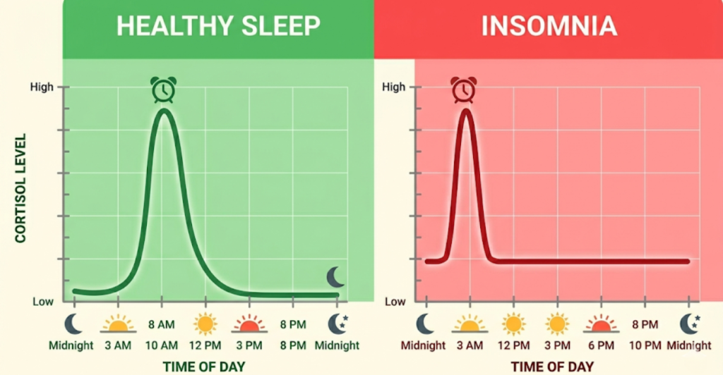 Chart comparing normal cortisol rhythm (high in morning, low at night) vs dysregulated cortisol in insomnia (spike at 3 AM causing middle-of-the-night awakening).