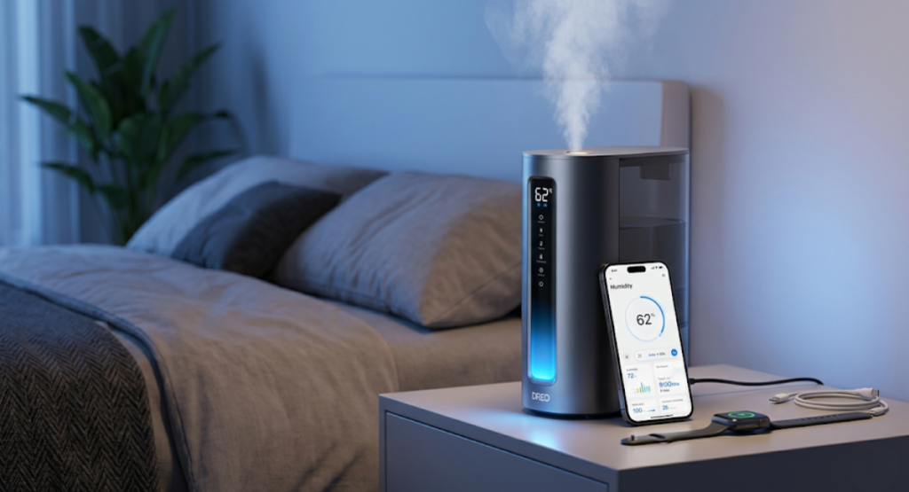 Dreo HM713S smart humidifier on nightstand with phone app showing humidity controls