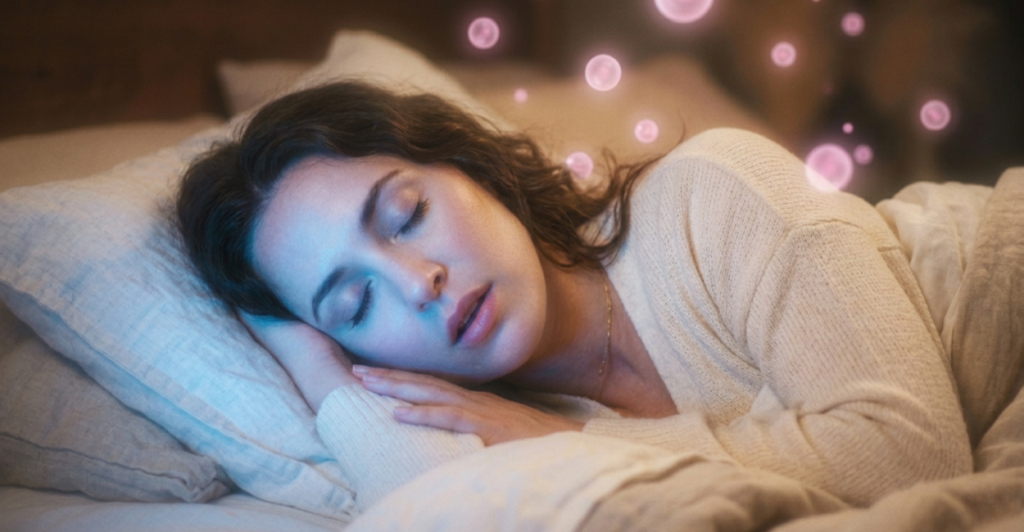 Peaceful deep sleep representing how optimal estrogen levels promote serotonin production and REM sleep.