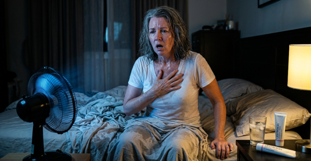 Woman experiencing a nocturnal hot flash and night sweat due to estrogen withdrawal during perimenopause.