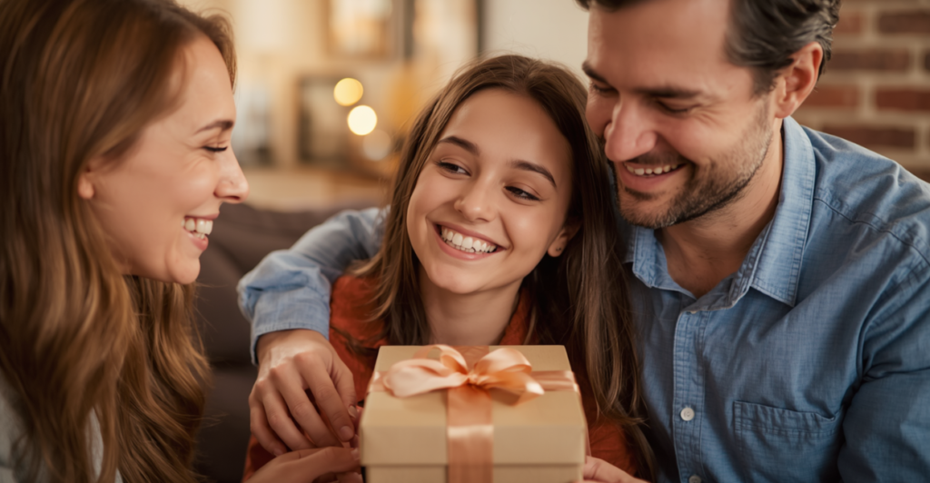 Daughter and husband giving a cooling pillow to a menopausal mom as a gift for better slee