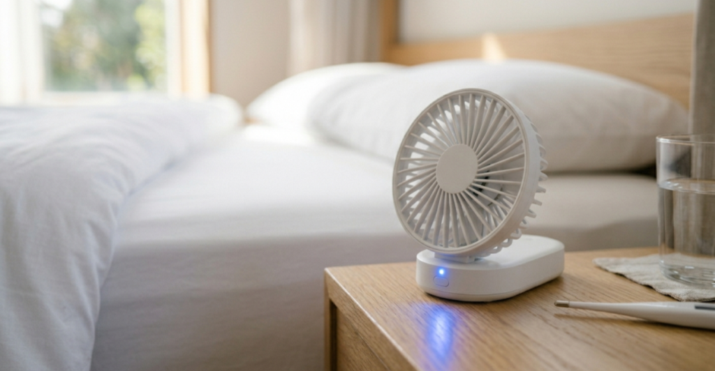 Small battery operated handheld fan for menopause night sweats kept on nightstand for immediate hot flash relief