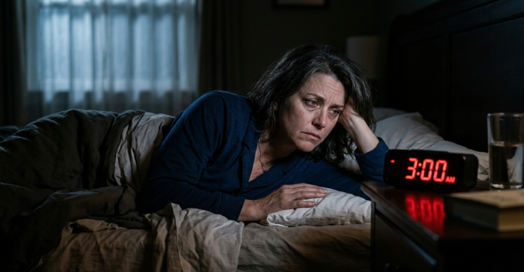 Woman awake at 3 AM looking at clock – common symptom of hormonal insomnia caused by low estrogen and high nighttime cortisol.