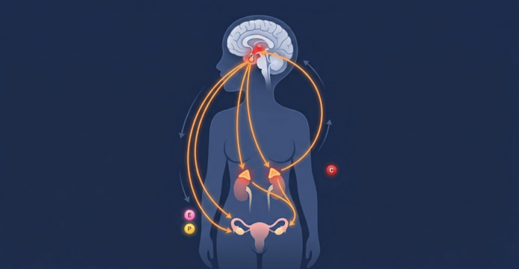 Diagram of the HPA axis showing how the brain controls estrogen, progesterone, and cortisol release for sleep regulation.