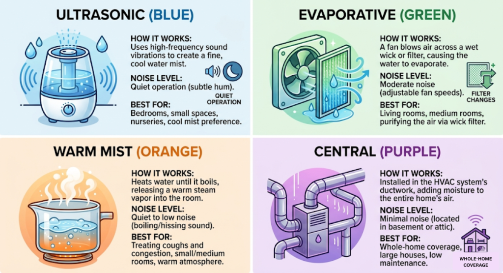 Infographic comparing ultrasonic, evaporative, warm mist, and central humidifiers for menopause