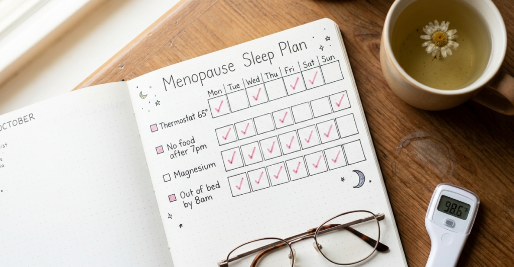 Hand‑drawn 7‑day sleep tracker for menopause recovery – checking daily cooling and bedtime habits.