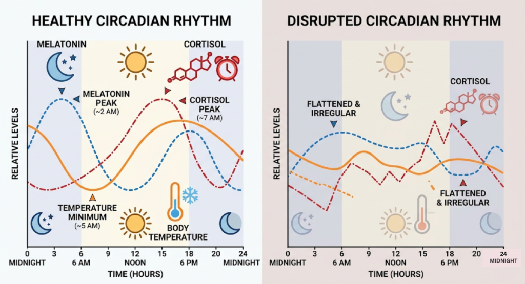 Infographic comparing healthy vs disrupted circadian rhythm in menopause