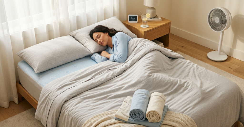 Cooling bedroom setup for menopause sleep problems – bamboo sheets, fan, thermostat at 65 degrees, and water.
