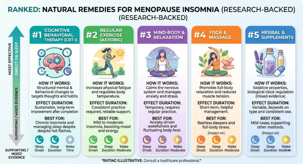Infographic ranking 8 natural remedies for menopause insomnia from most to least effective based on research