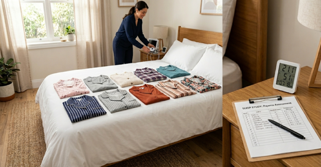 Testing 10 moisture wicking pajamas for menopause night sweats with thermometer and clipboard on bed