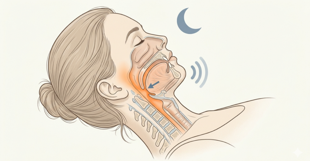 Anatomical diagram showing how menopause increases risk of sleep apnea due to throat muscle relaxation