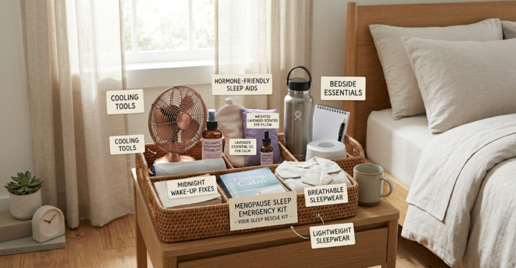 Printable checklist for menopause sleep emergency kit with 10 essential items cooling spray washcloths spare pajamas pillowcase water fan essential oils sleep mask snack pen and paper