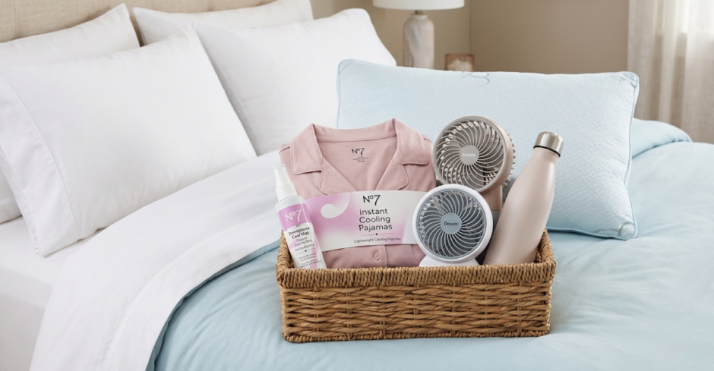 Menopause sleep products gift guide basket with cooling spray, pajamas, fan, water bottle, and pillow on a bed