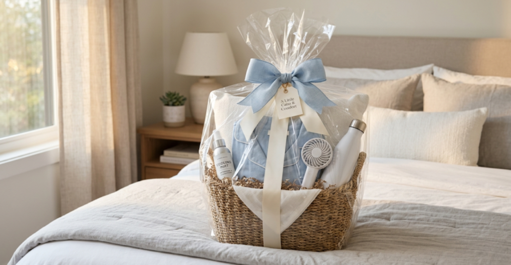 Menopause sleep products gift guide basket with cooling spray, pajamas, fan, water bottle, and pillow on a bed