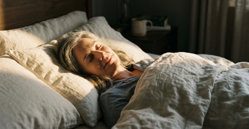 Peaceful postmenopausal woman sleeping soundly after overcoming menopause sleep problems – hopeful and calm.