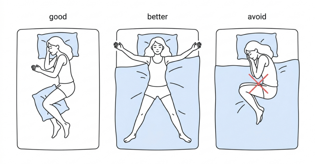 Diagram showing best sleep positions for menopause – side sleeping with knee pillow and the starfish position, avoiding fetal position.