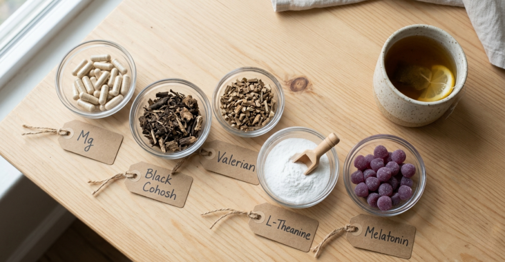 Supplements that may help menopause sleep problems – magnesium glycinate, black cohosh, valerian root, L‑theanine, and melatonin.