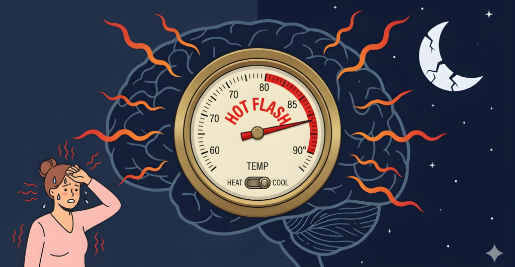 Illustration of brain thermostat causing hot flashes and night sweats during menopause.