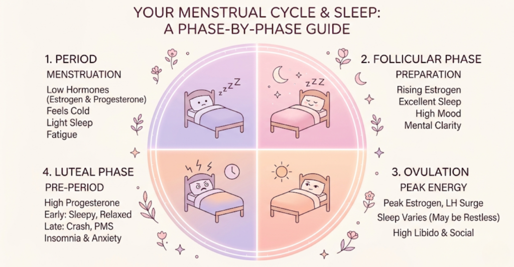 Menstrual cycle phases and their impact on sleep – low estrogen during period causes lighter sleep, luteal phase progesterone rise causes fatigue then insomnia.