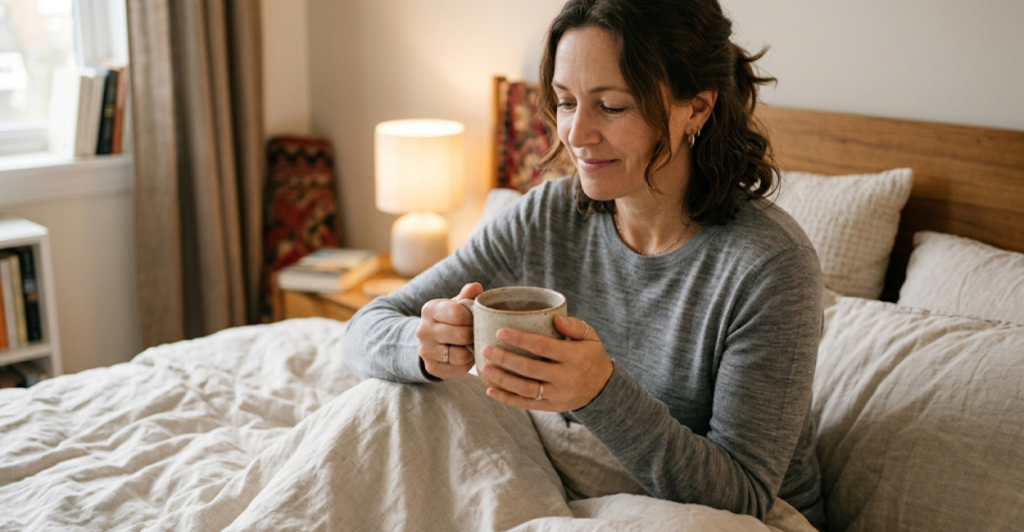 Merino wool pajamas for menopause post flash chills on a bed with a cozy blanket
