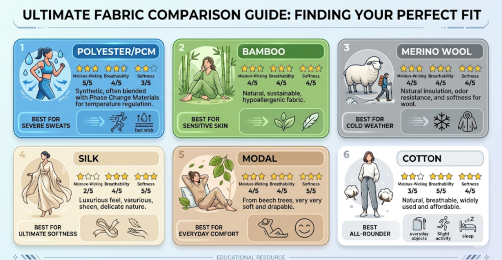Infographic comparing polyester PCM bamboo merino wool silk and cotton for menopause night sweats