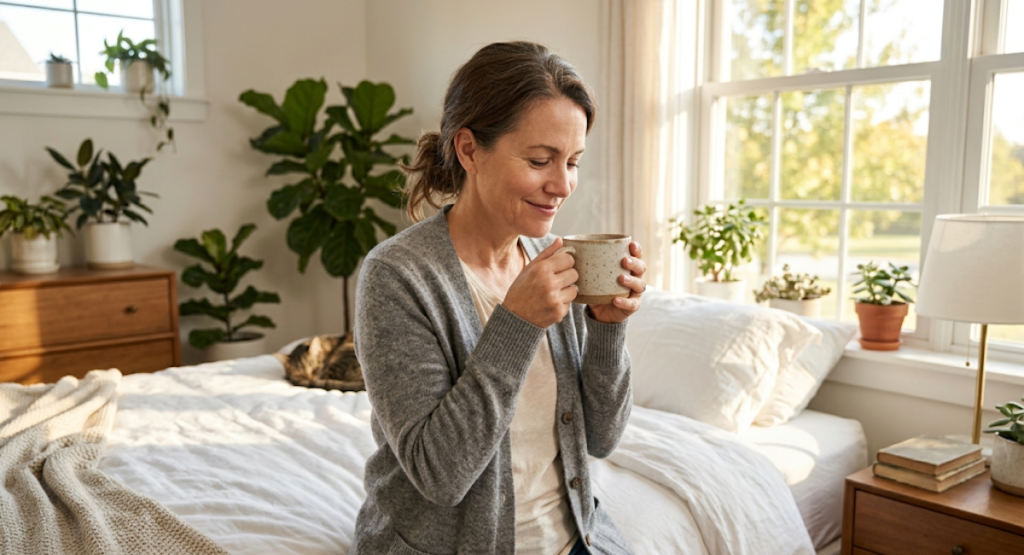 Woman in her 50s getting morning sunlight to reset circadian rhythm