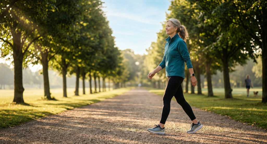 Woman in her 50s walking briskly in morning sunlight to improve menopause insomnia