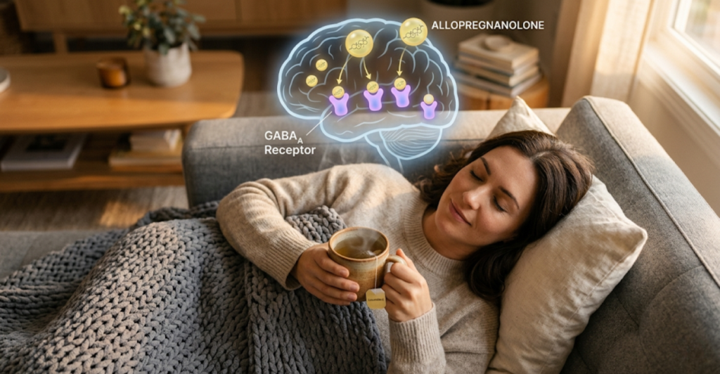 Relaxed woman with weighted blanket – progesterone metabolizes into allopregnanolone which acts on GABA receptors to reduce anxiety and induce sleep.