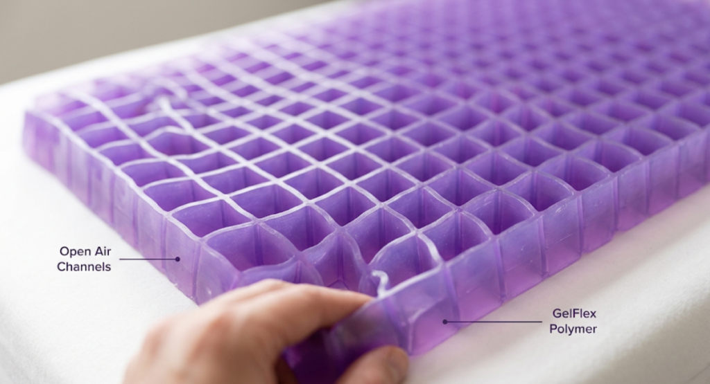 Purple Harmony pillow GelFlex grid close up showing open air channels for cooling