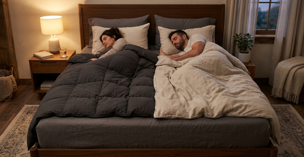 Scandinavian sleep method with two separate duvets on one bed for couples with different temperature preferences