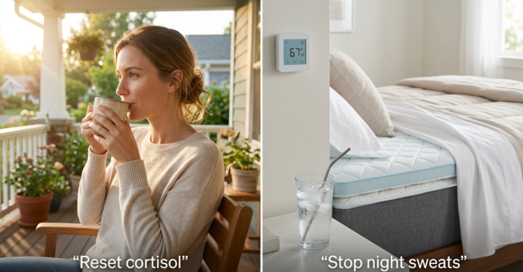Two lifestyle tips to balance sleep hormones – morning sunlight to reset cortisol rhythm and a cool bedroom temperature (65-68°F) to prevent nocturnal hot flashes.