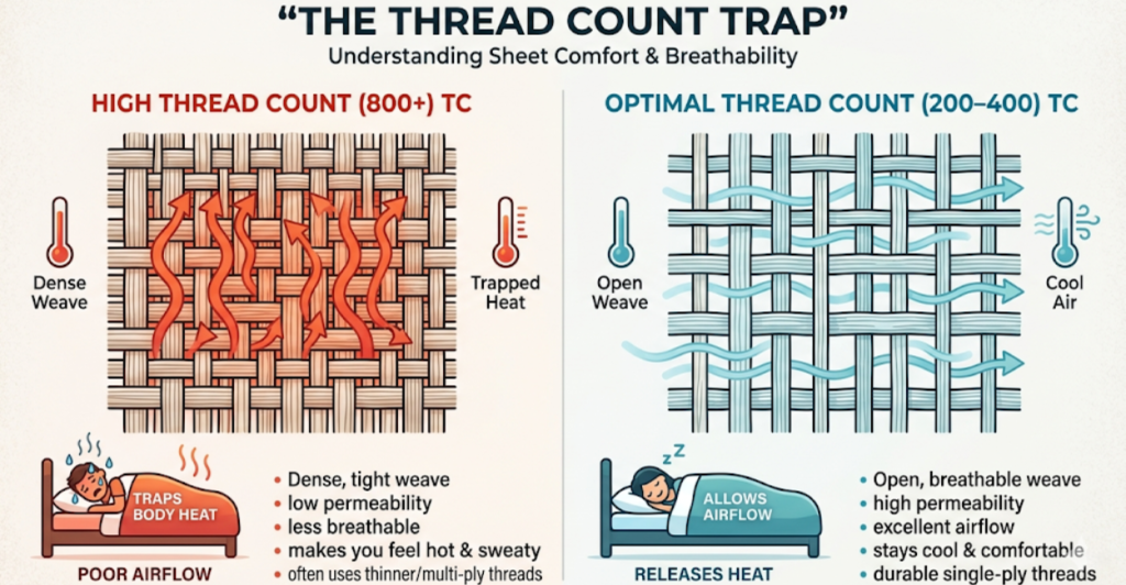 Infographic showing why high thread count sheets trap heat and 200-400 thread count is best for cooling