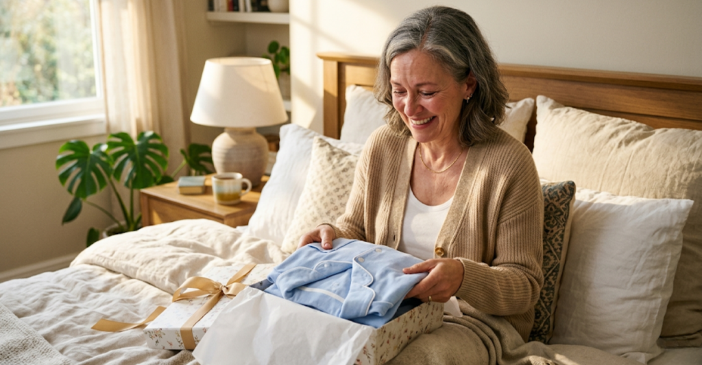 Woman in her 50s opening a menopause sleep gift box with cooling pajamas inside looking happy and surprised