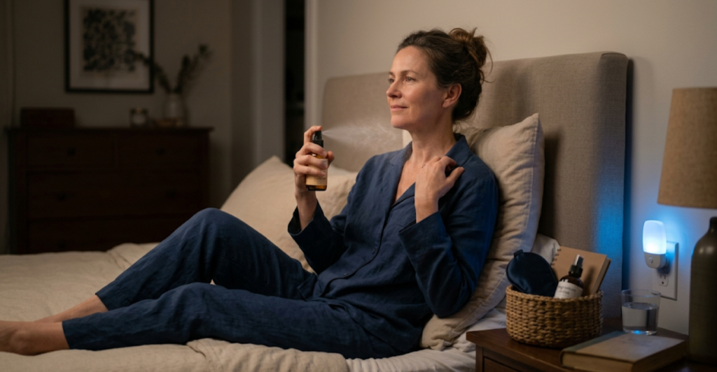 Woman in menopause using cooling body spray from sleep emergency kit after a night hot flash