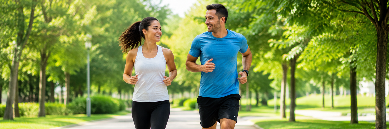 Fit man and woman jogging outdoors