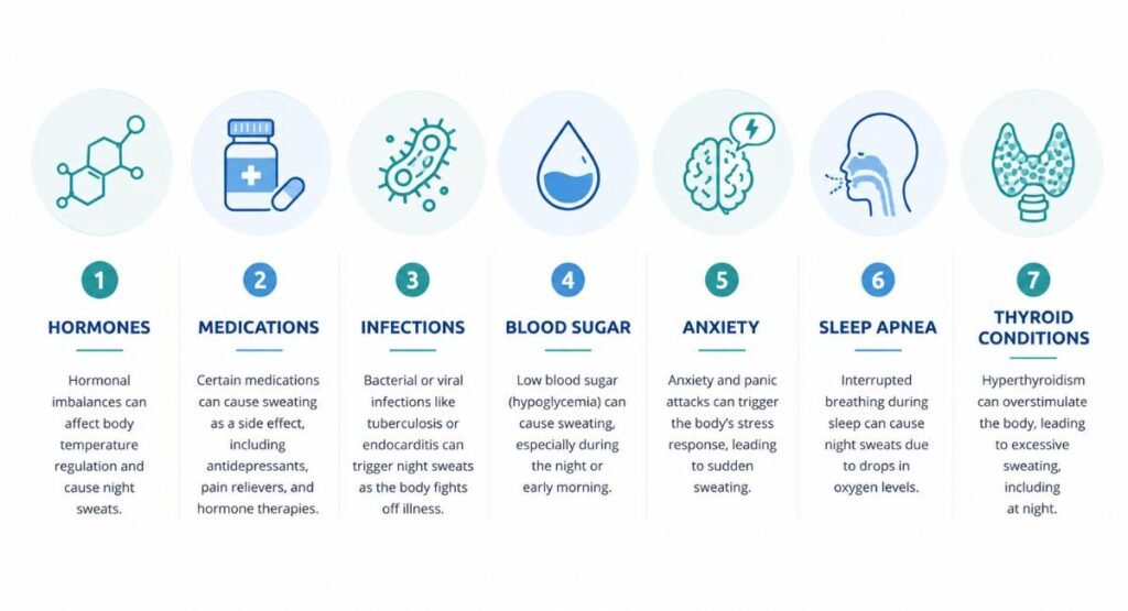 Infographic listing 7 common causes of night sweats
