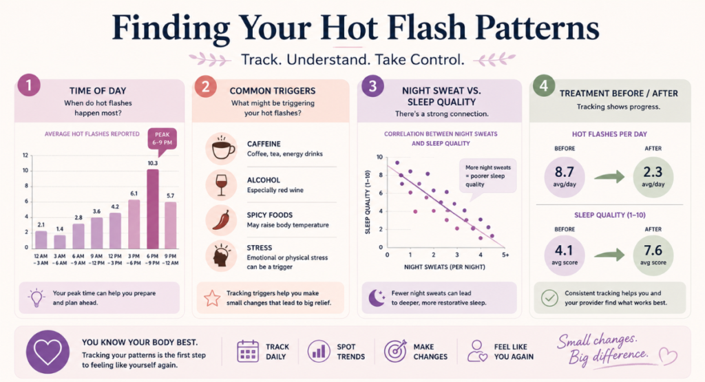 Infographic showing common hot flash triggers and pattern analysis from tracking data