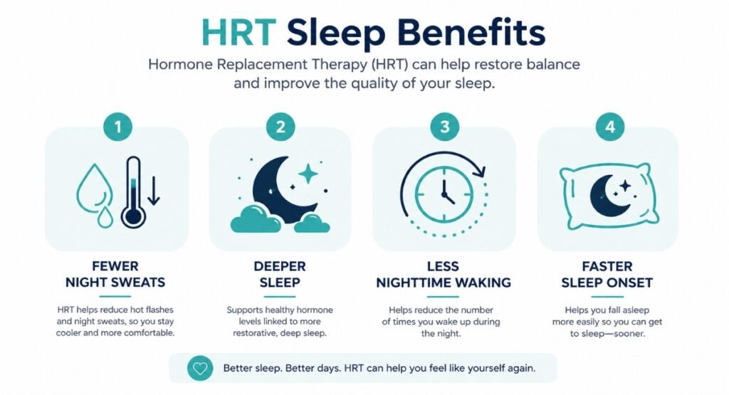 Infographic showing how HRT improves sleep quality by reducing night sweats and stabilising hormones