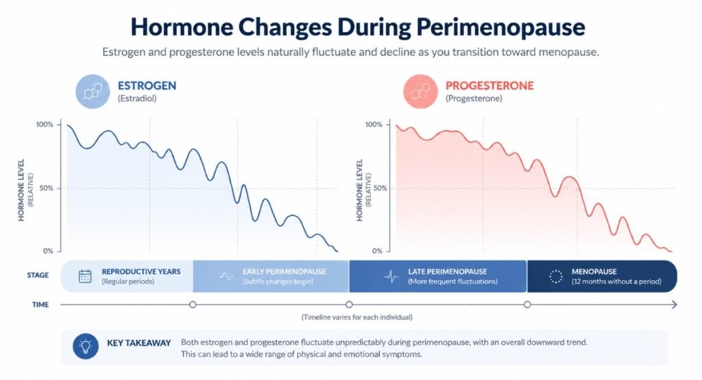 Diagram showing how estrogen and progesterone decline disrupts sleep during menopause